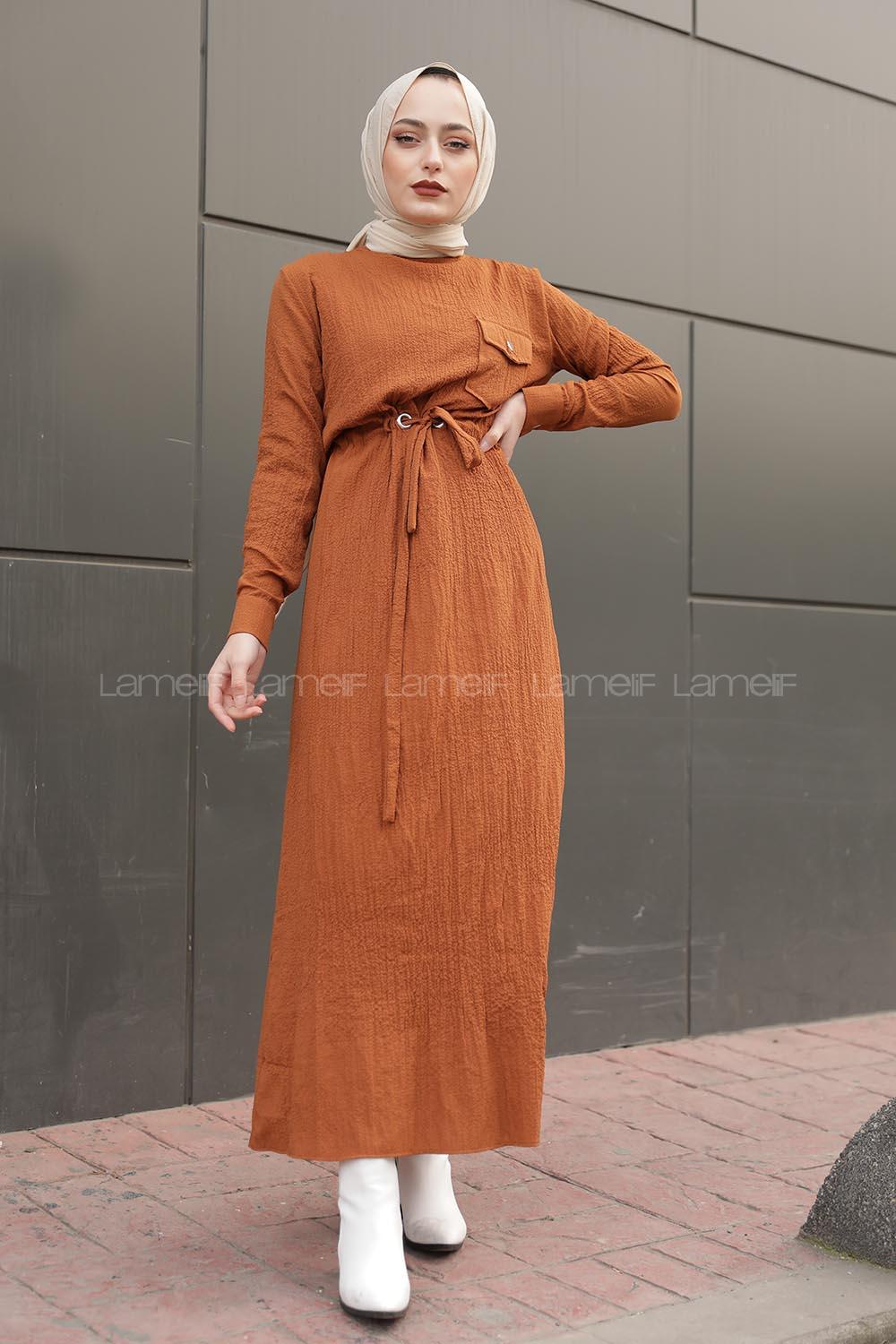 Modalamelif Tek Cepli Belden Bağcıklı Elbise Taba