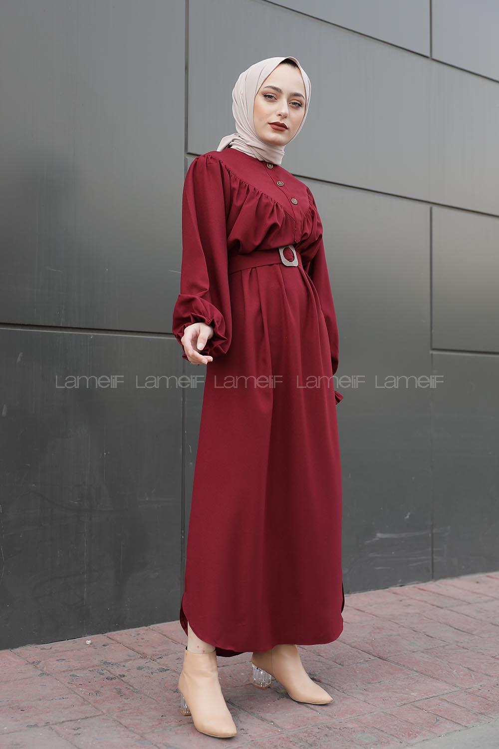Modalamelif Balon Kol Kemerli Uzun Elbise Bordo