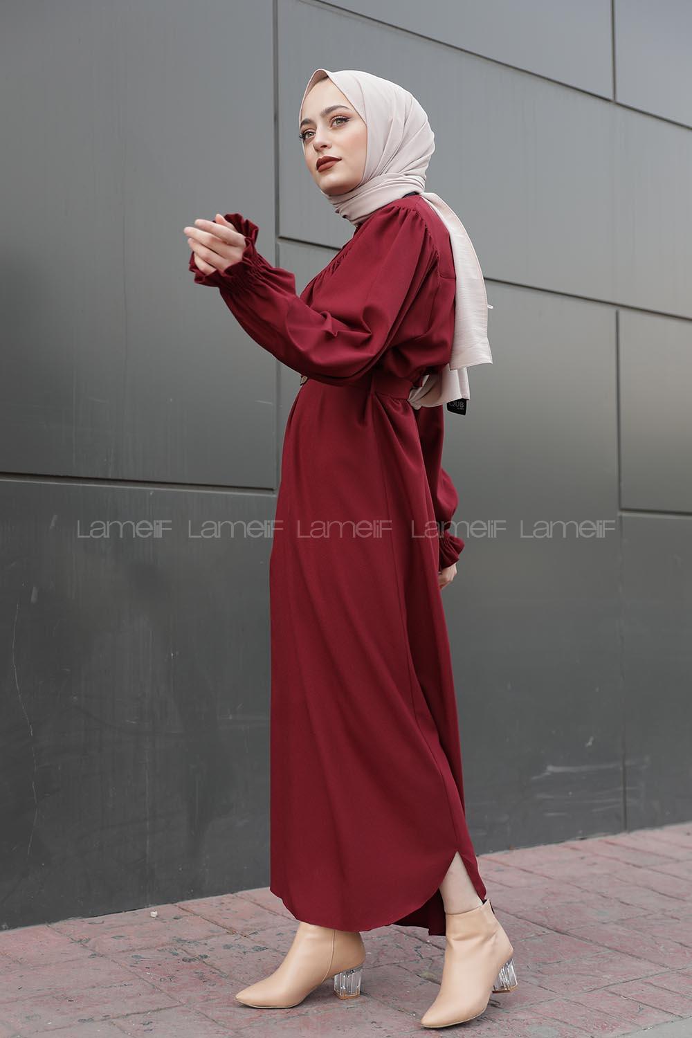 Modalamelif Balon Kol Kemerli Uzun Elbise Bordo