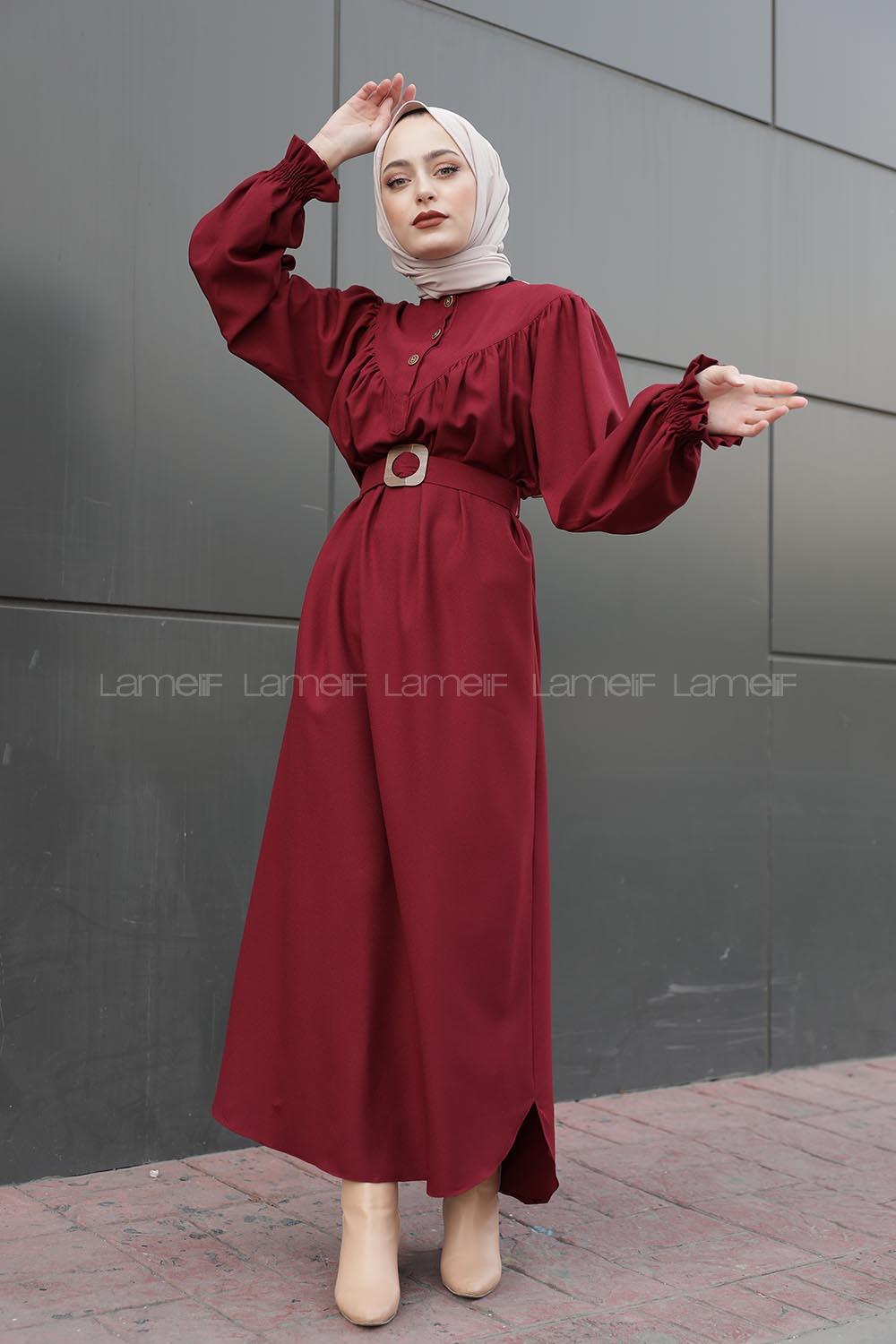 Modalamelif Balon Kol Kemerli Uzun Elbise Bordo