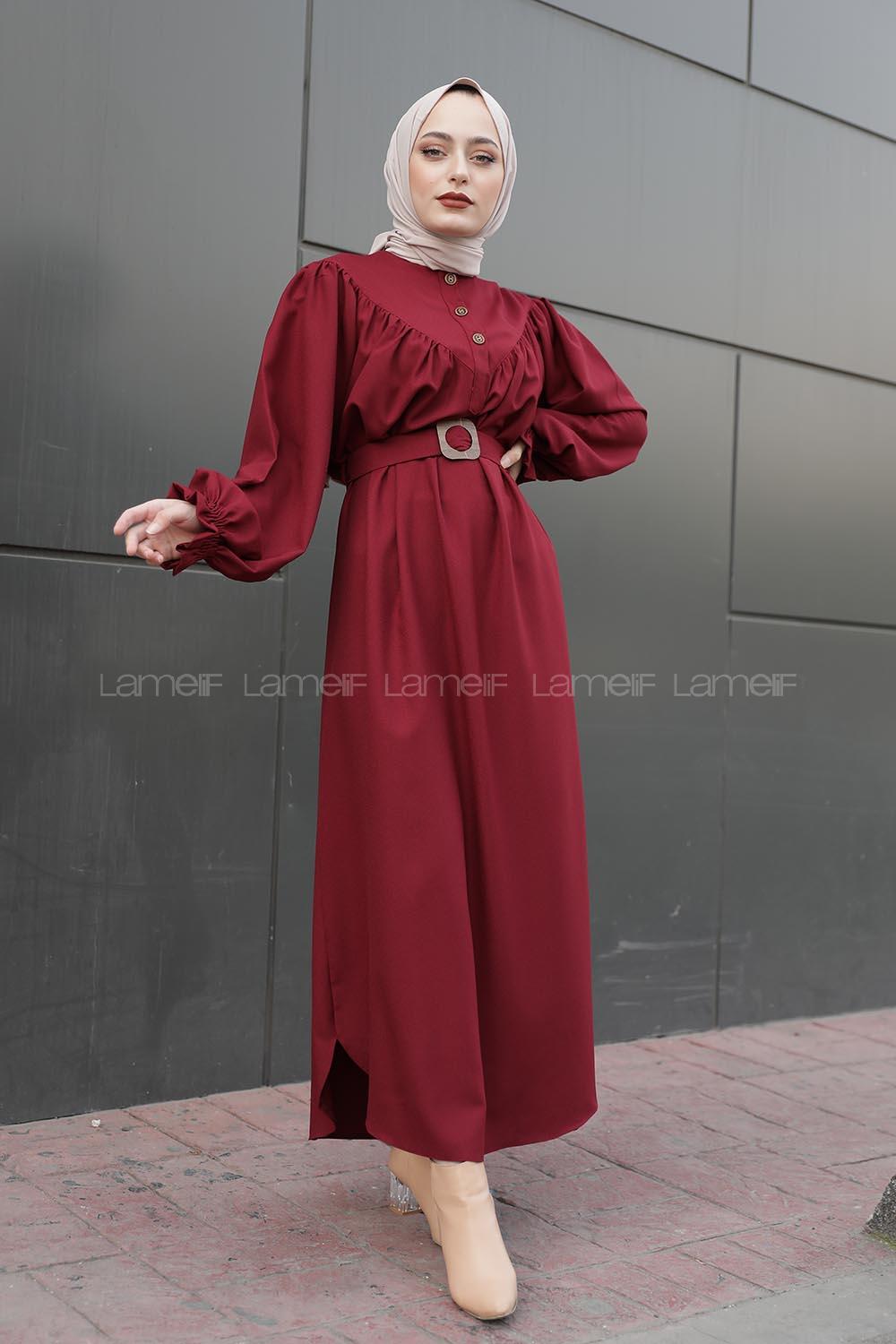 Modalamelif Balon Kol Kemerli Uzun Elbise Bordo