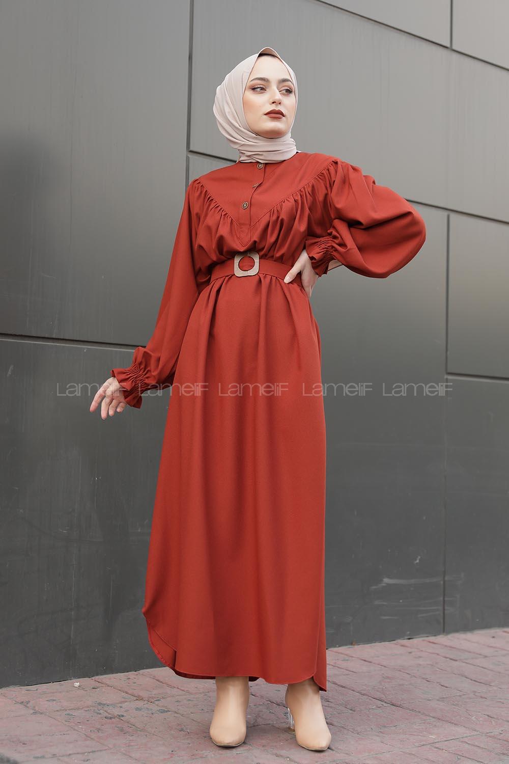 Modalamelif Balon Kol Kemerli Uzun Elbise Kiremit