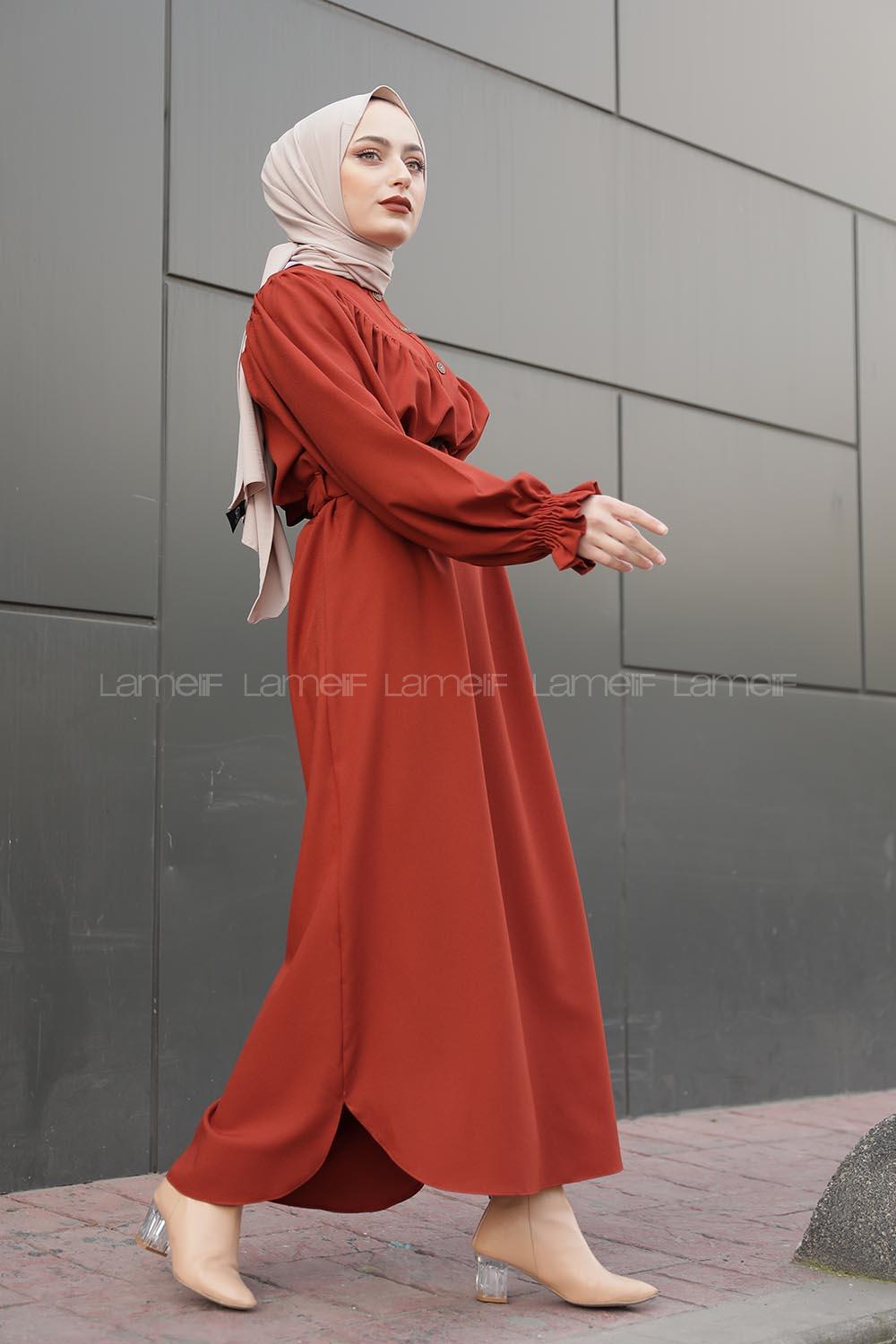 Modalamelif Balon Kol Kemerli Uzun Elbise Kiremit