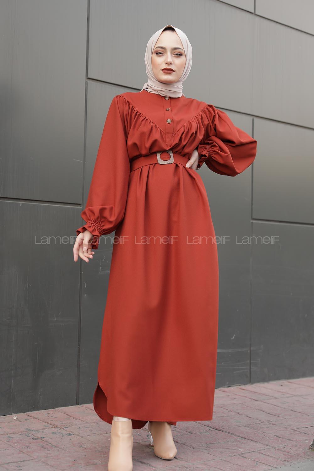 Modalamelif Balon Kol Kemerli Uzun Elbise Kiremit