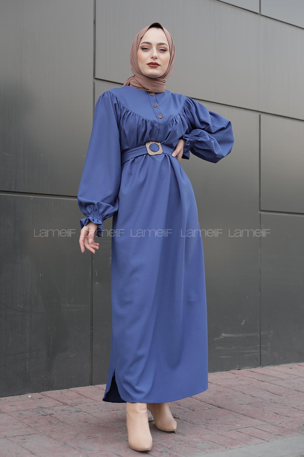 Modalamelif Balon Kol Kemerli Uzun Elbise Mavi
