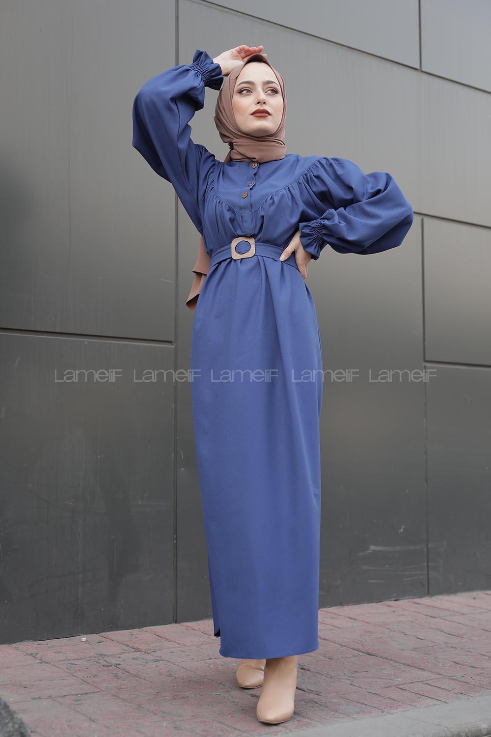 Modalamelif Balon Kol Kemerli Uzun Elbise Mavi