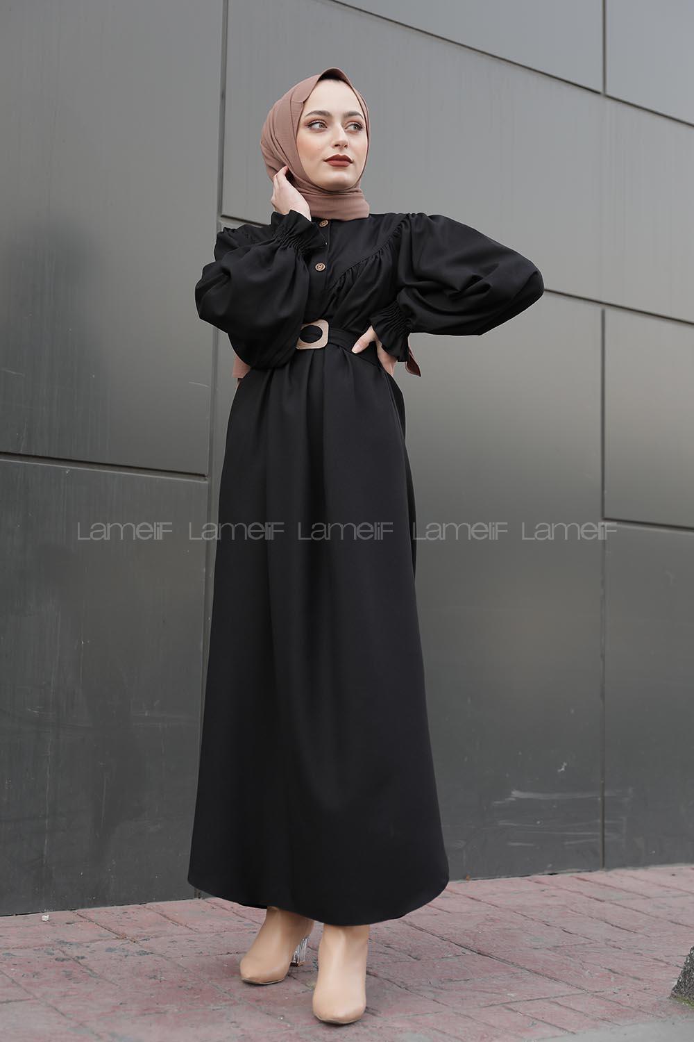 Modalamelif Balon Kol Kemerli Uzun Elbise Siyah