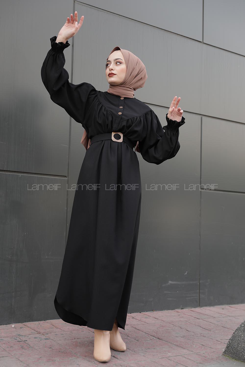 Modalamelif Balon Kol Kemerli Uzun Elbise Siyah