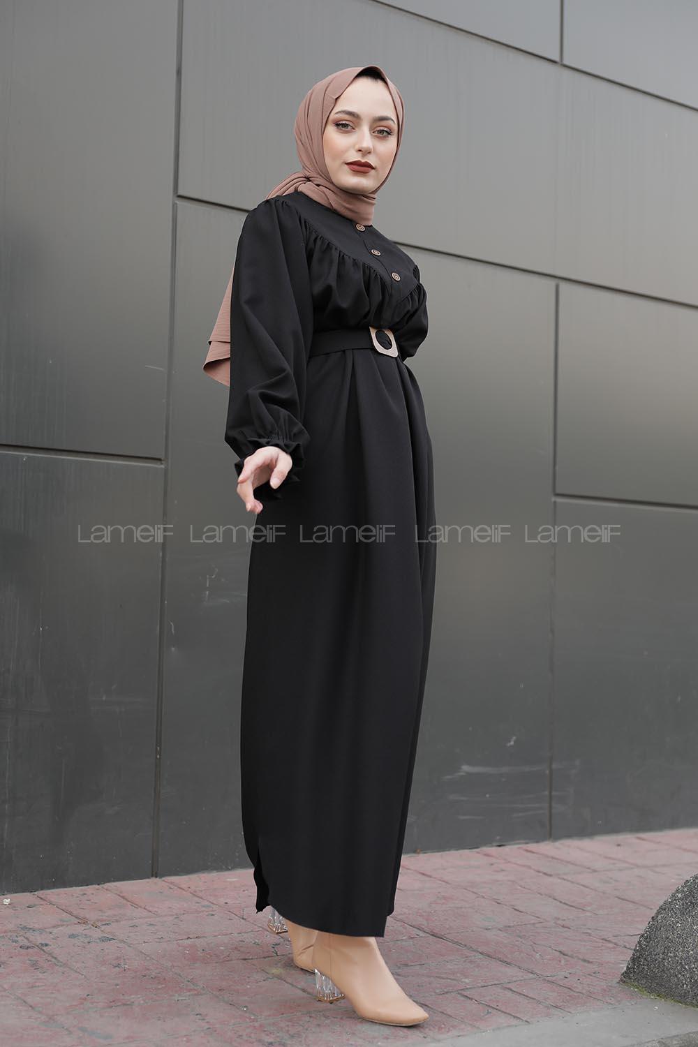 Modalamelif Balon Kol Kemerli Uzun Elbise Siyah