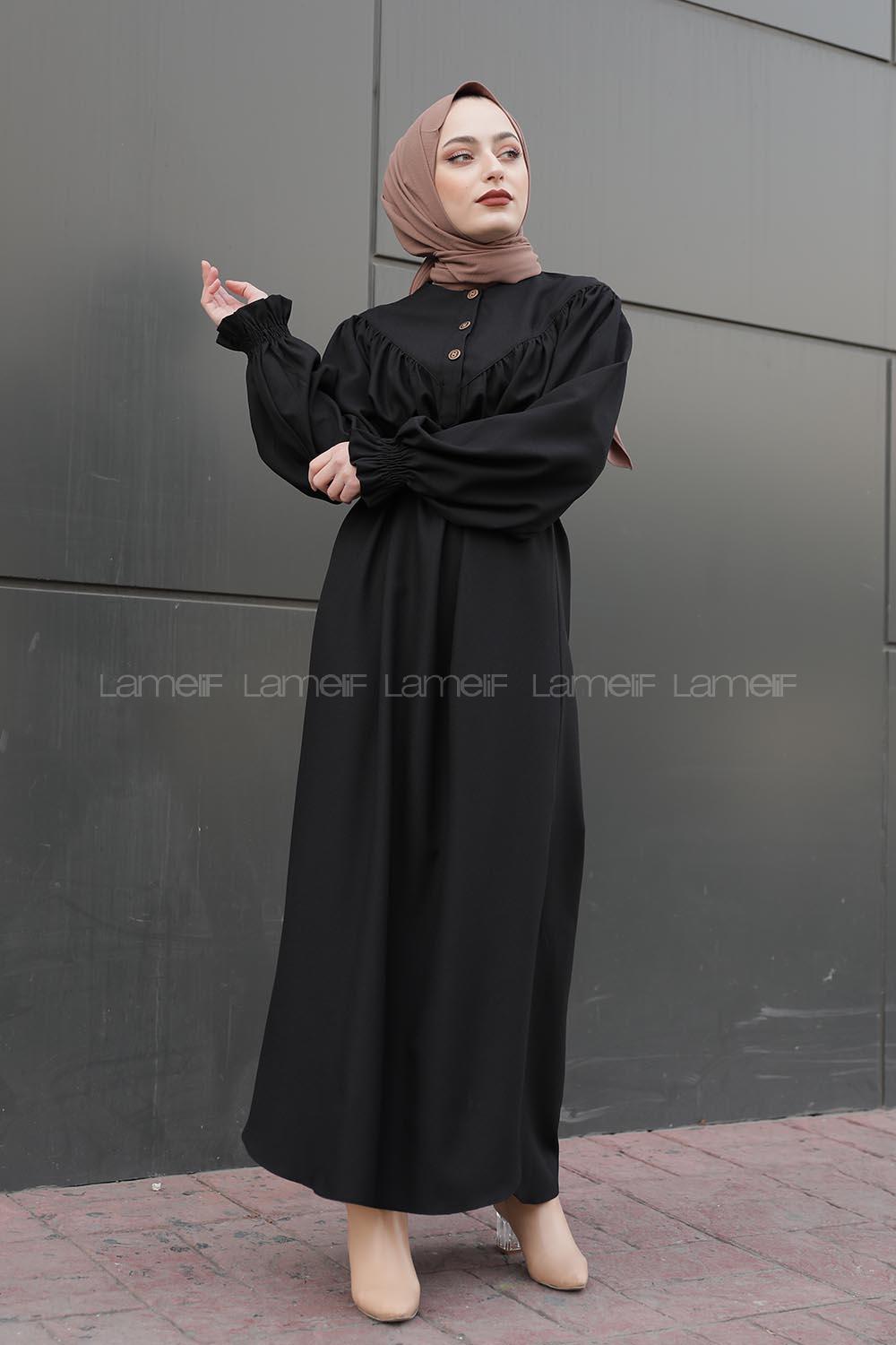 Modalamelif Balon Kol Kemerli Uzun Elbise Siyah