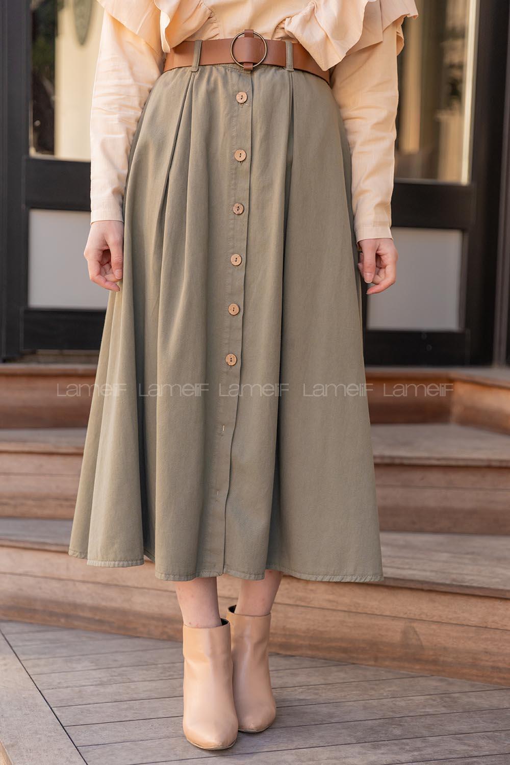 Modalamelif Boydan Düğmeli Kemerli Etek Haki