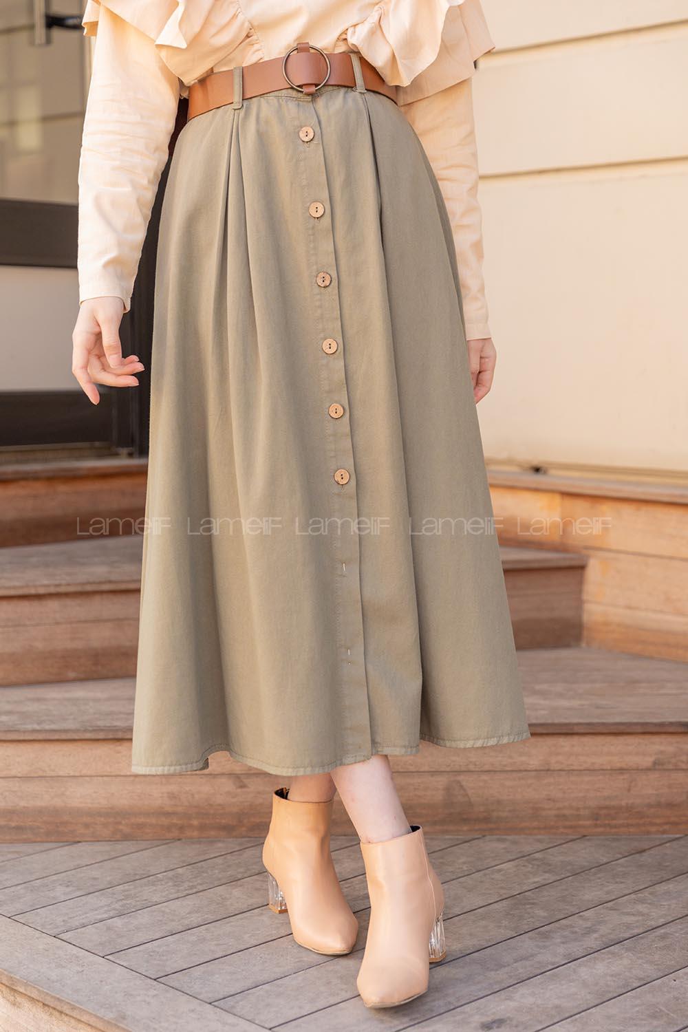 Modalamelif Boydan Düğmeli Kemerli Etek Haki