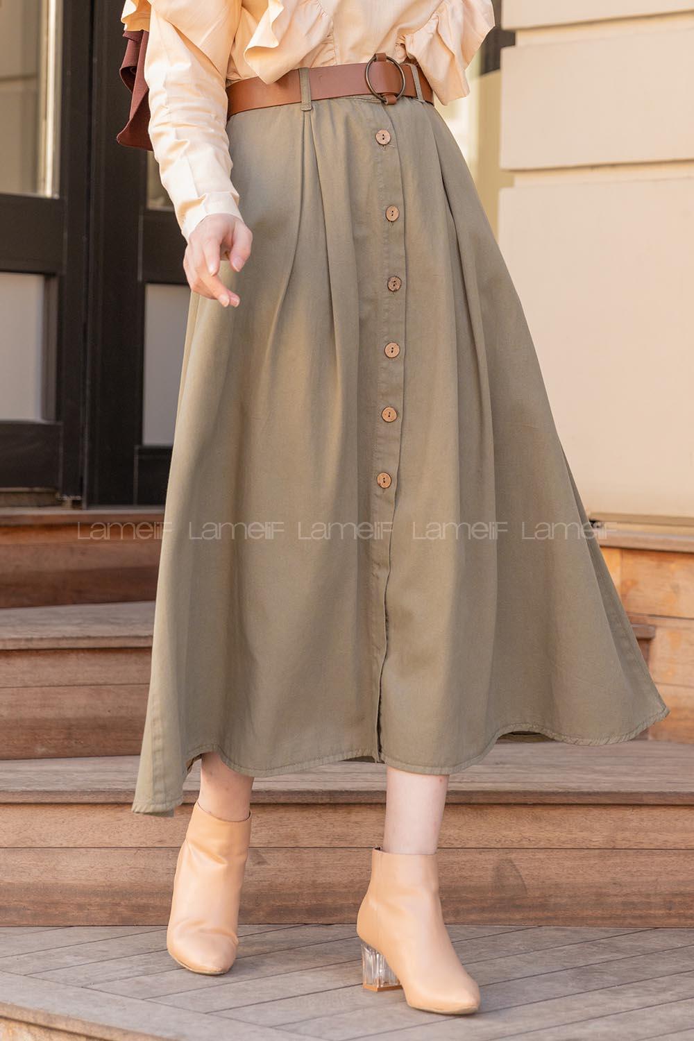 Modalamelif Boydan Düğmeli Kemerli Etek Haki