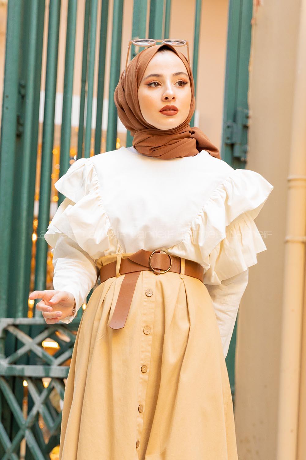 Modalamelif Kol  Fırfırlı Tunik Ekru