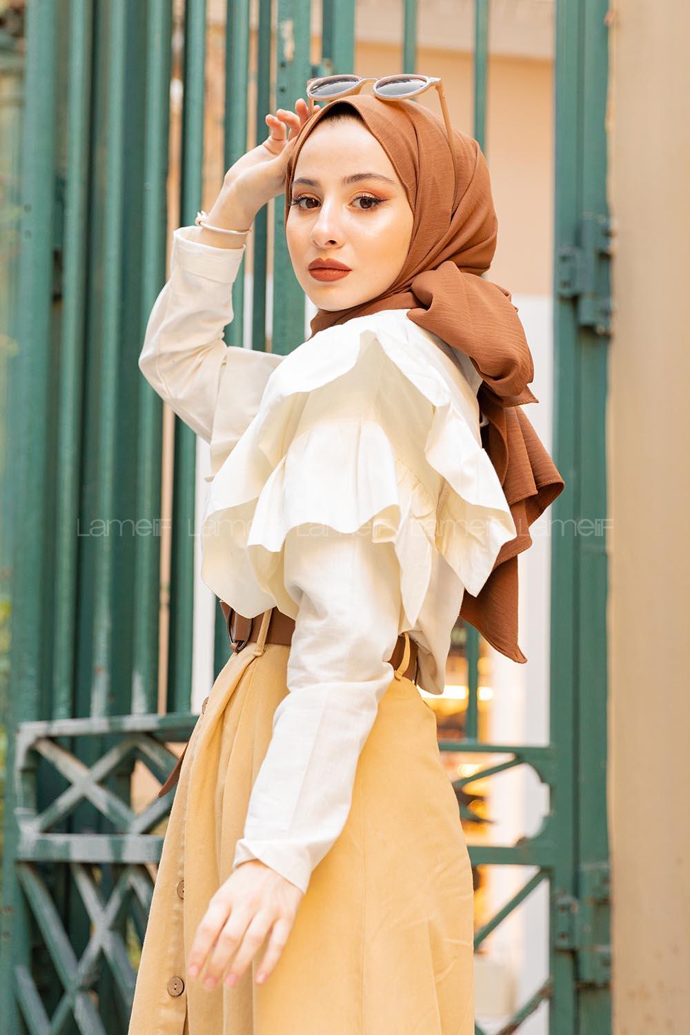 Modalamelif Kol  Fırfırlı Tunik Ekru