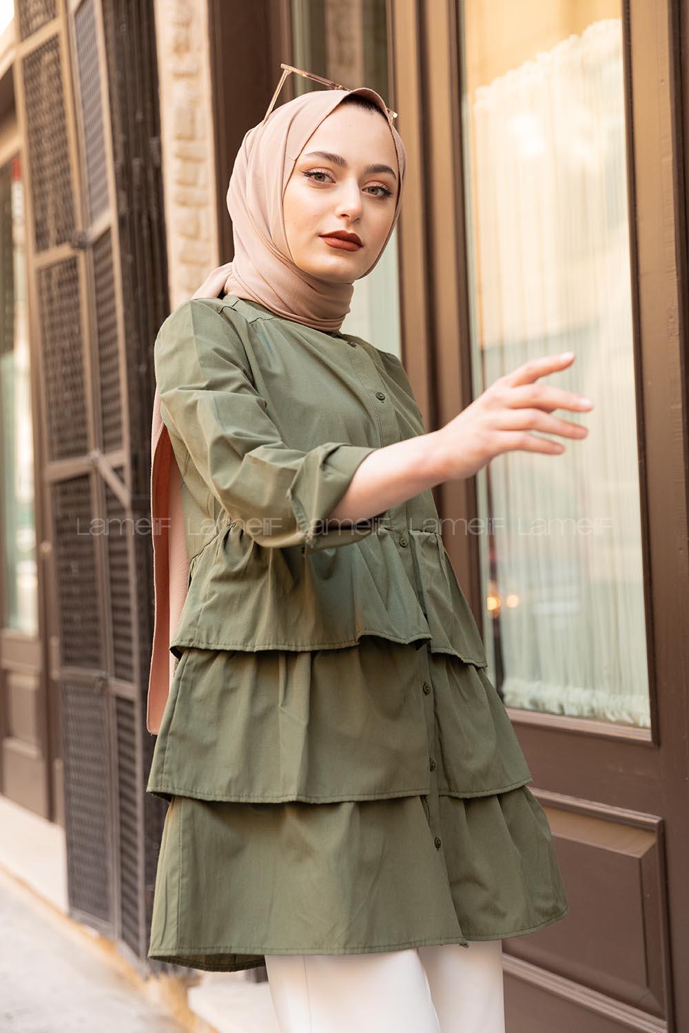 Modalamelif Önü Düğmeli Kat Kat Gömlek Haki