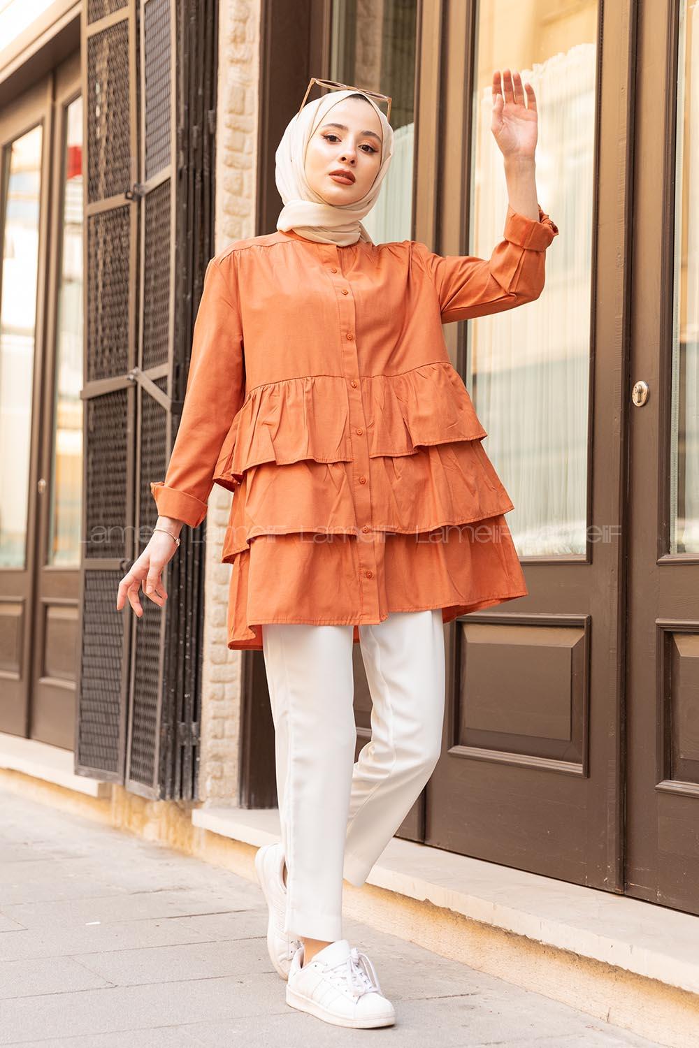 Modalamelif Önü Düğmeli Kat Kat Gömlek Kiremit