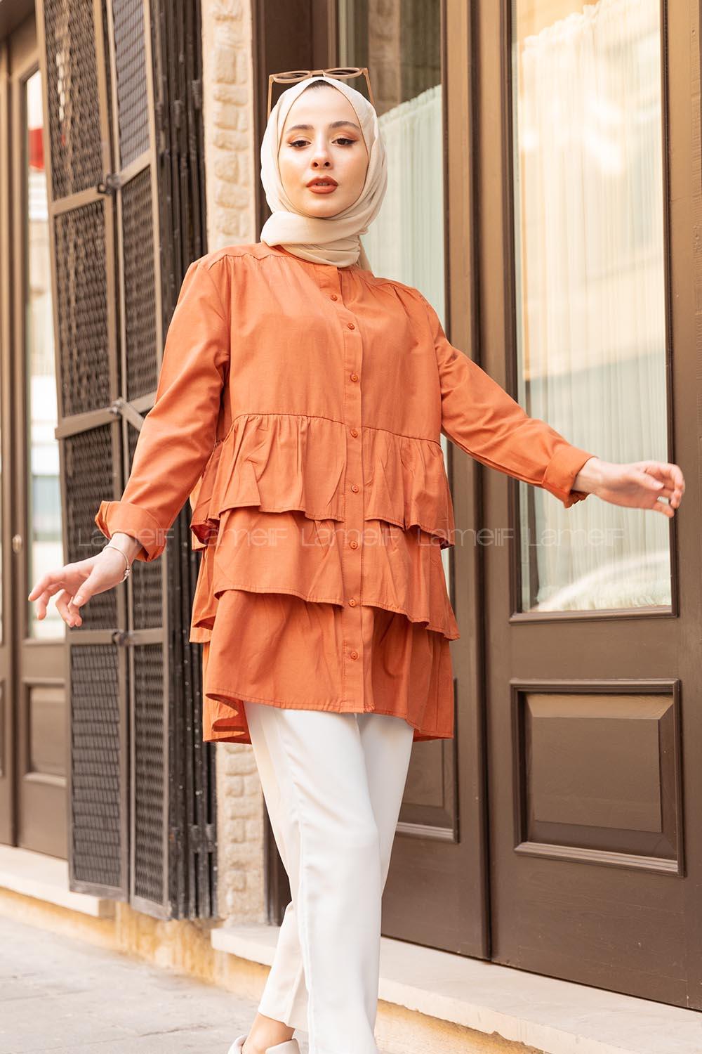 Modalamelif Önü Düğmeli Kat Kat Gömlek Kiremit