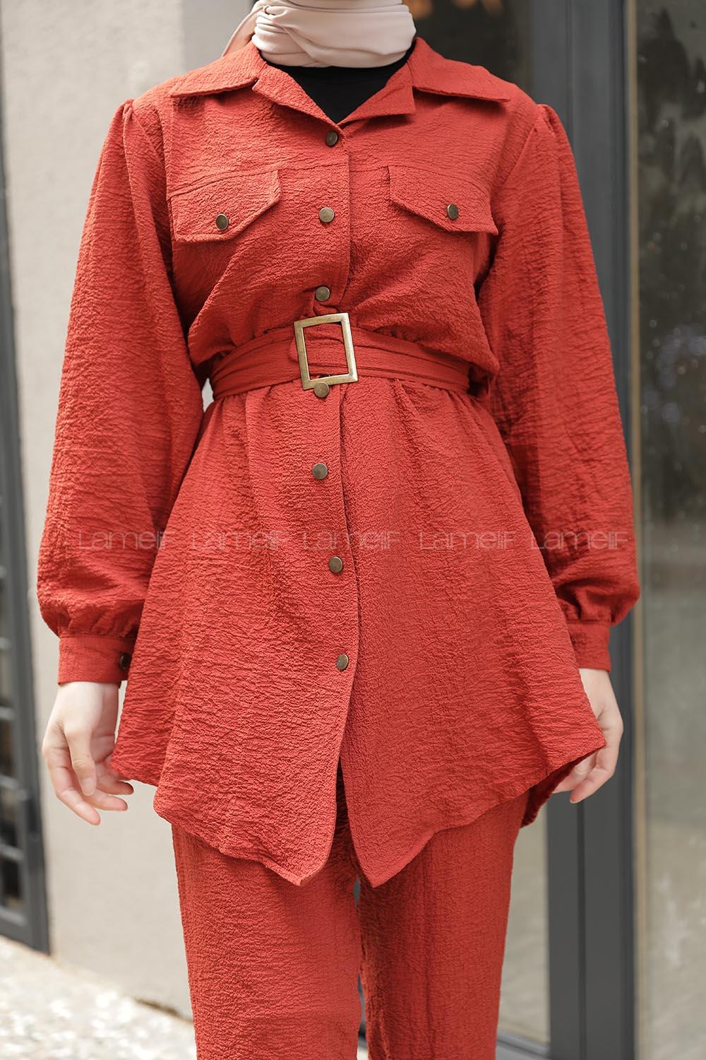 Modalamelif Önü Düğmeli Kemerli İkili Takım Kiremit