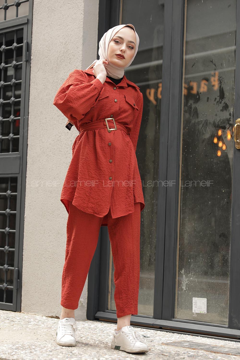 Modalamelif Önü Düğmeli Kemerli İkili Takım Kiremit