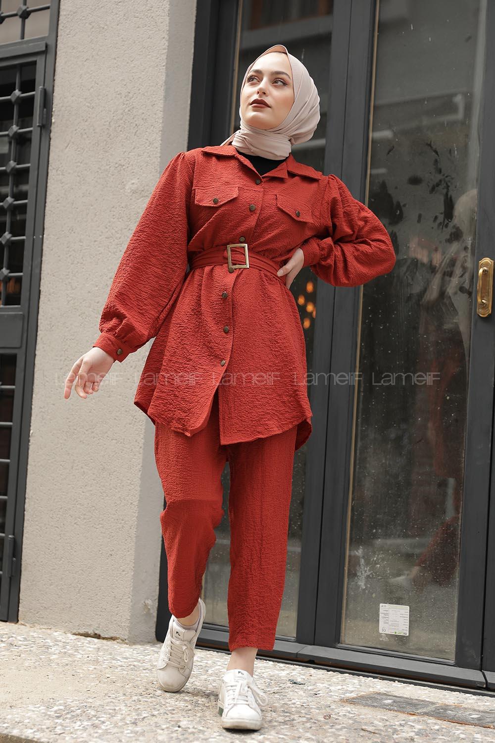 Modalamelif Önü Düğmeli Kemerli İkili Takım Kiremit