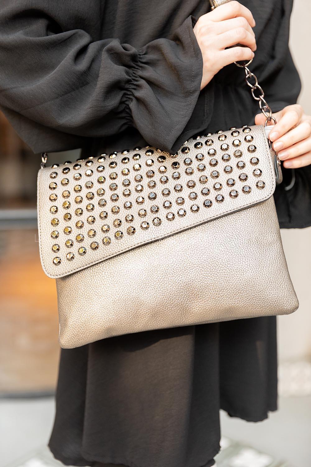 Modalamelif Taş Detaylı Omuz Çantası Gri