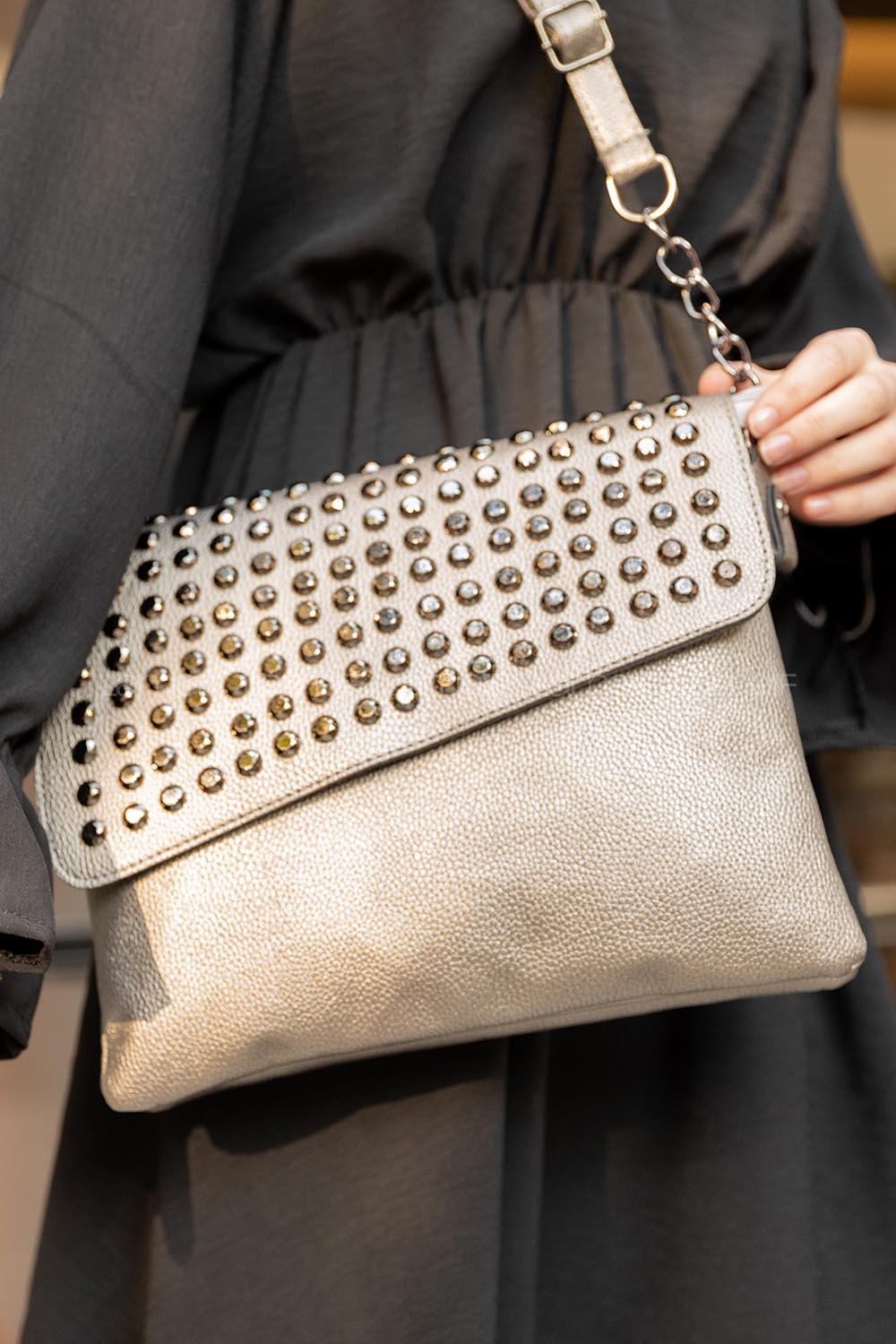 Modalamelif Taş Detaylı Omuz Çantası Gri