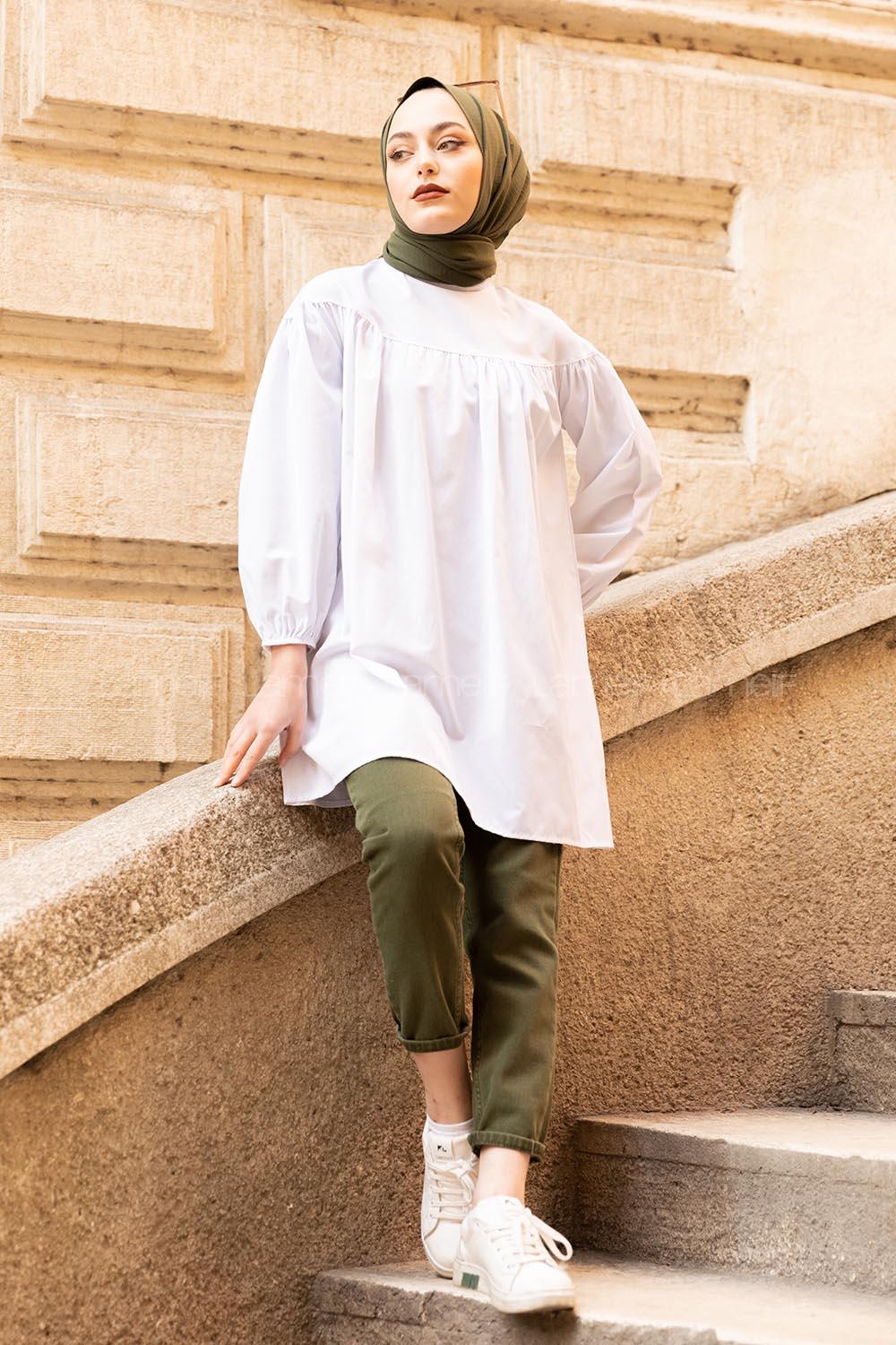 Modalamelif Göğüs Kısmı Robalı Tunik Beyaz