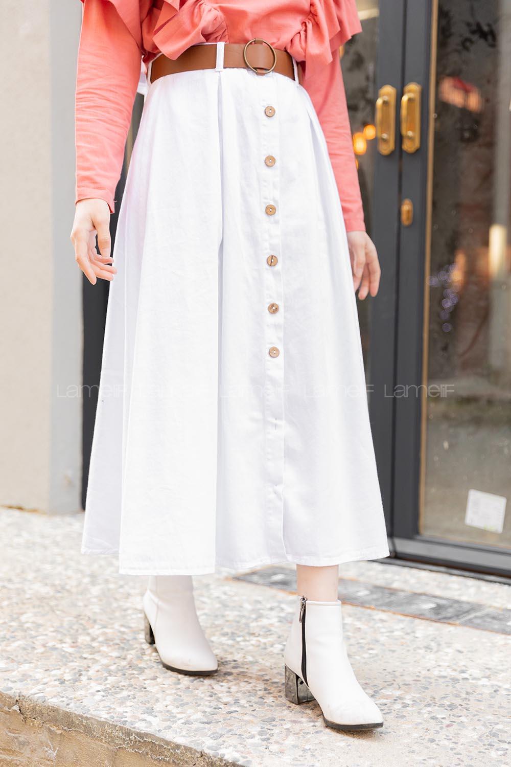 Modalamelif Boydan Düğmeli Kemerli Etek Beyaz