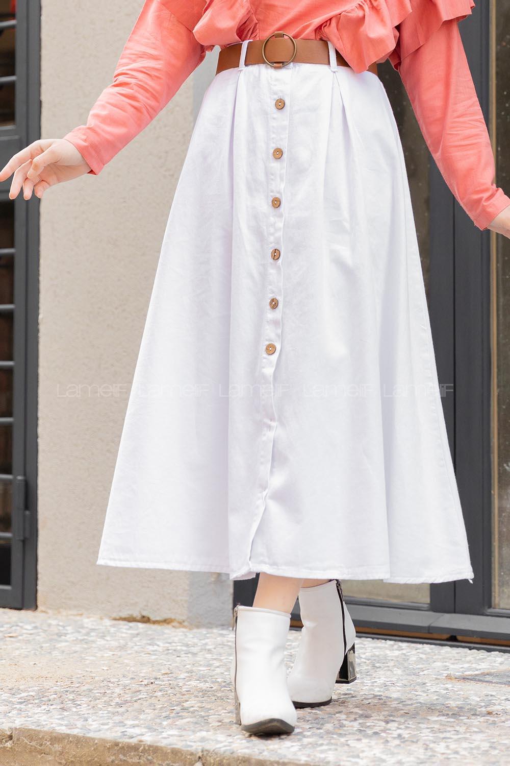 Modalamelif Boydan Düğmeli Kemerli Etek Beyaz