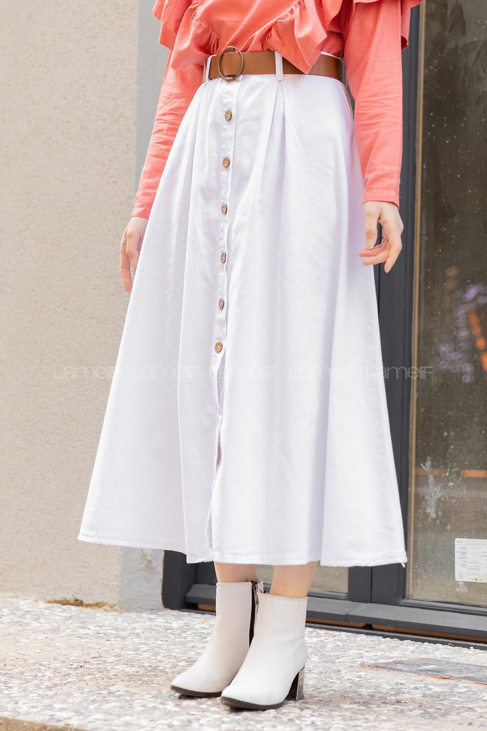 Modalamelif Boydan Düğmeli Kemerli Etek Beyaz