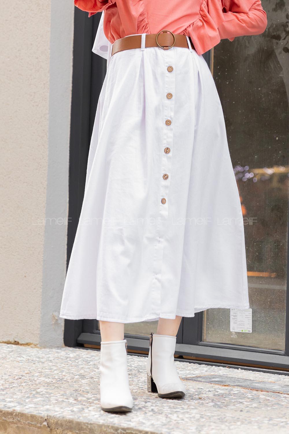 Modalamelif Boydan Düğmeli Kemerli Etek Beyaz