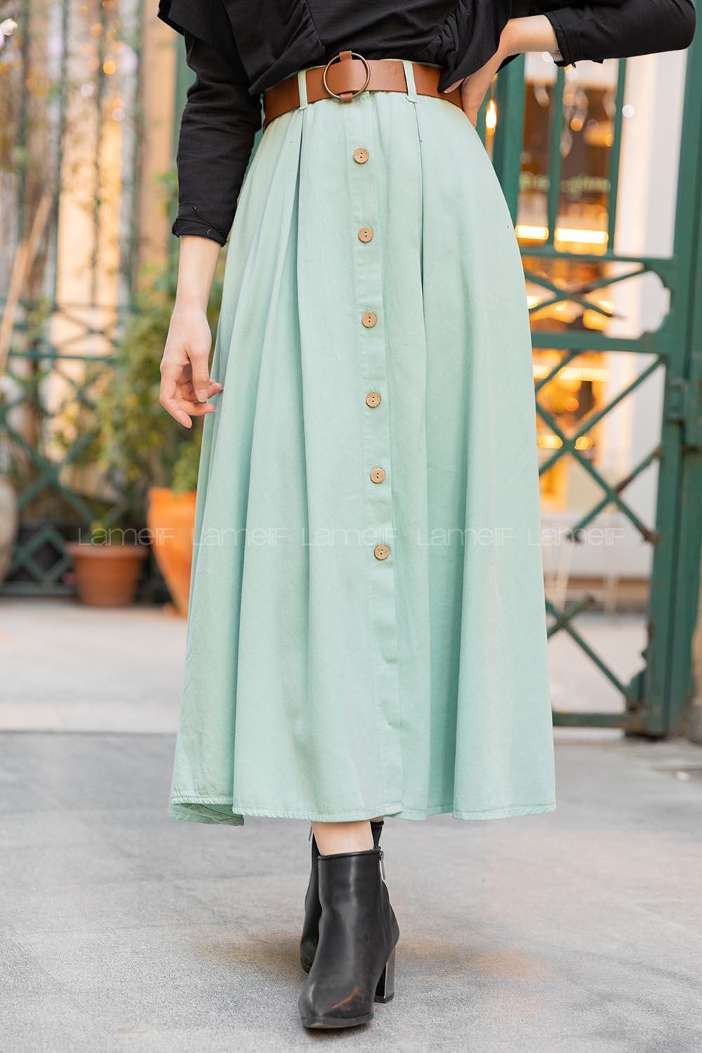 Modalamelif Boydan Düğmeli Kemerli Etek Mint Yeşili