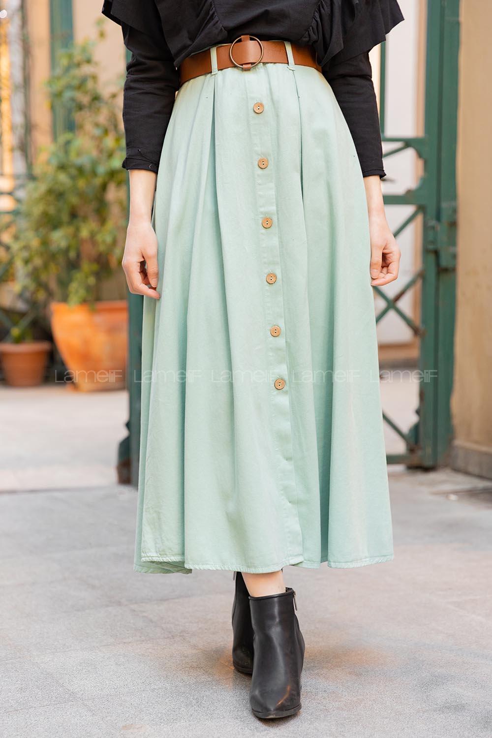 Modalamelif Boydan Düğmeli Kemerli Etek Mint Yeşili