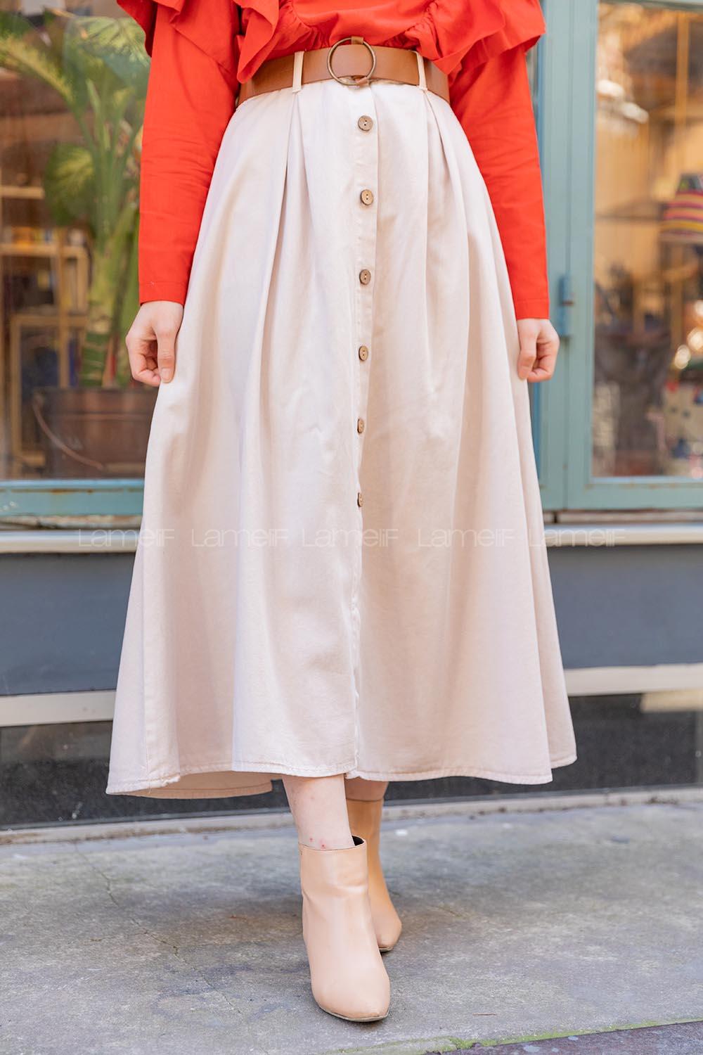 Modalamelif Boydan Düğmeli Kemerli Etek Taş Rengi