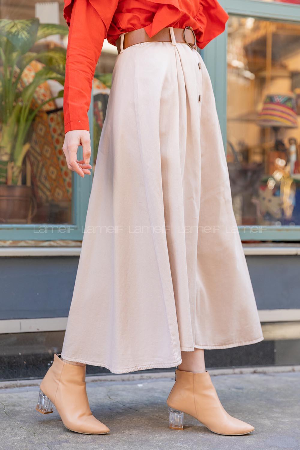 Modalamelif Boydan Düğmeli Kemerli Etek Taş Rengi