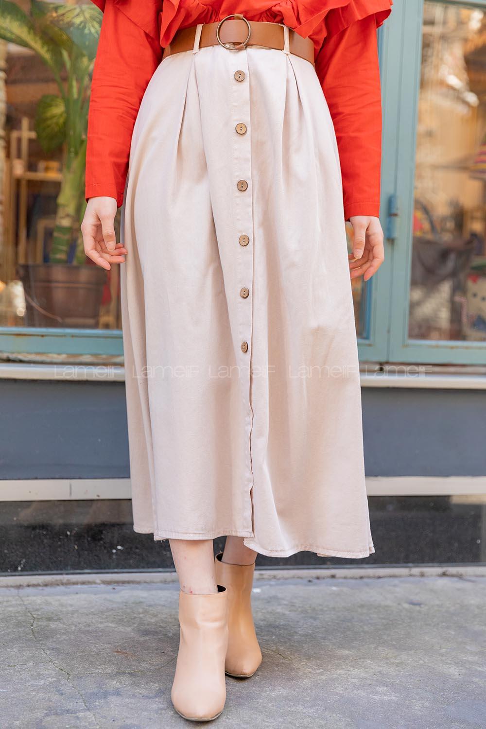 Modalamelif Boydan Düğmeli Kemerli Etek Taş Rengi