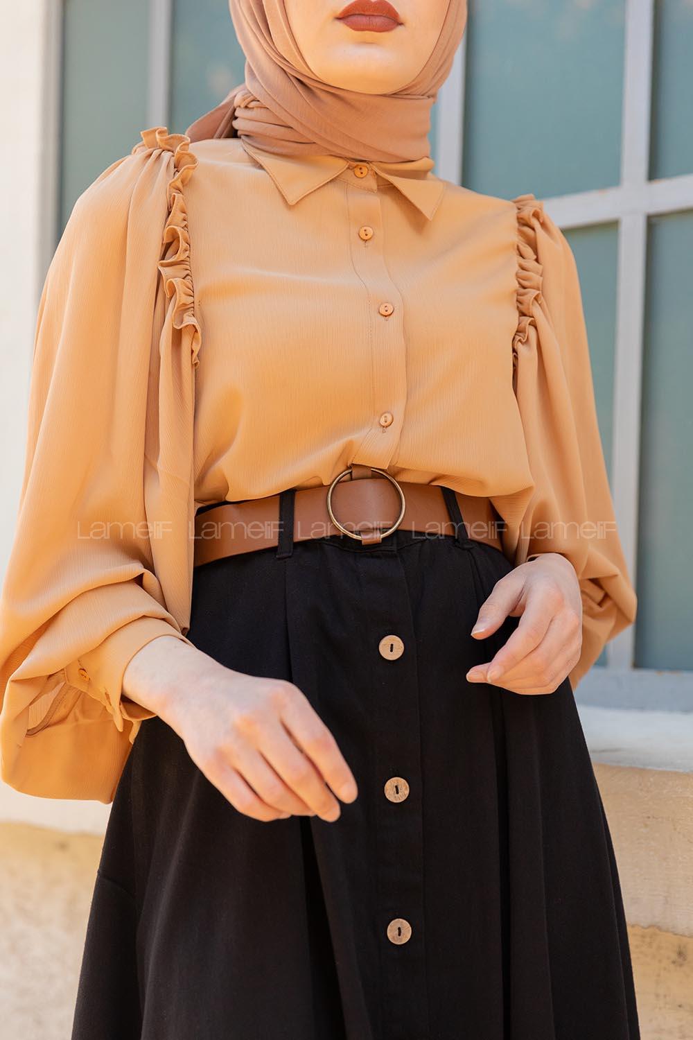 Modalamelif Fırfır Detaylı Balon Kol Gömlek Bej