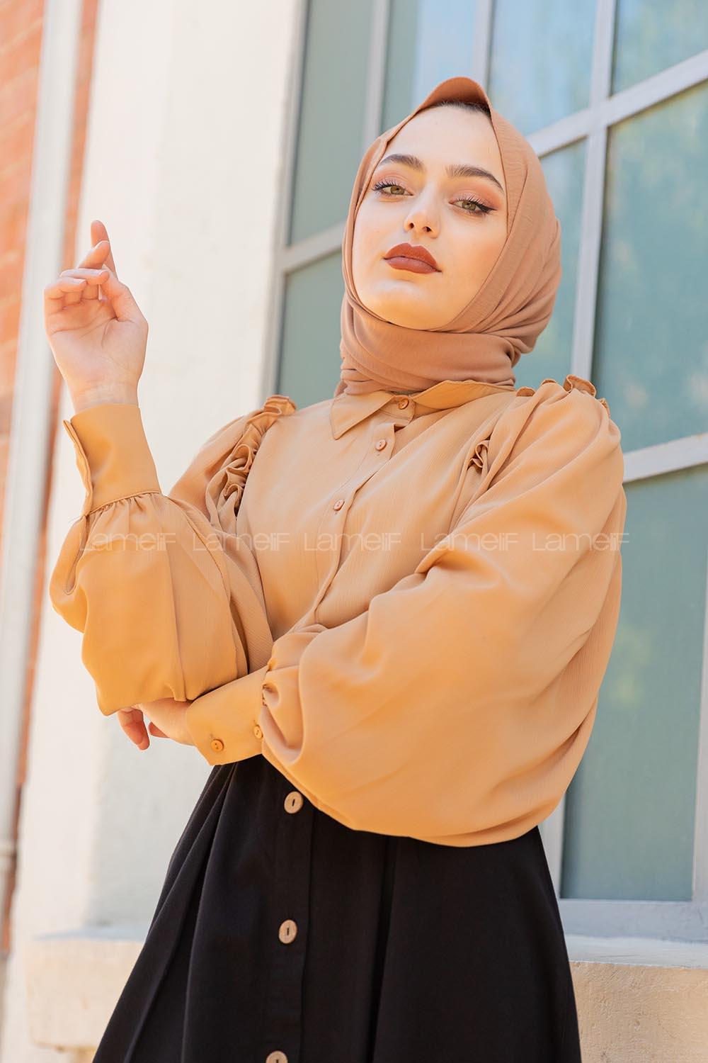 Modalamelif Fırfır Detaylı Balon Kol Gömlek Bej