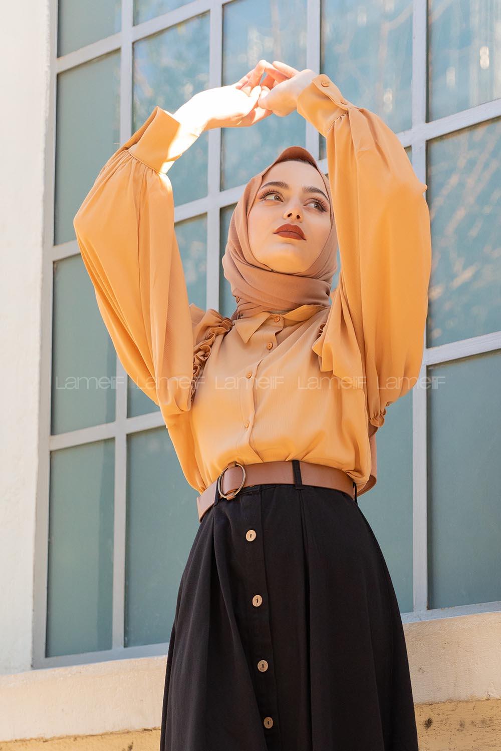 Modalamelif Fırfır Detaylı Balon Kol Gömlek Bej