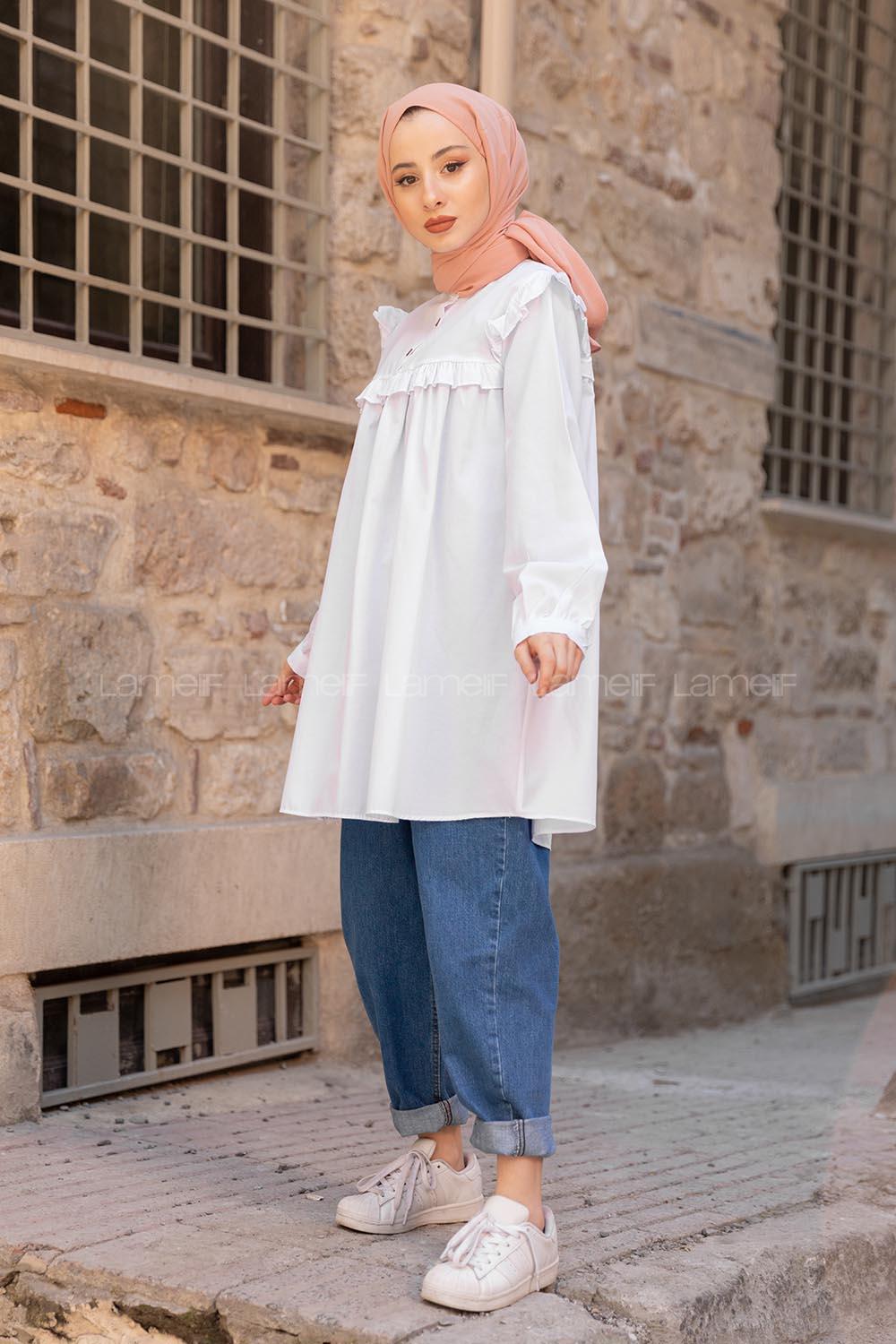 Lamelif Hakim Yaka Önü Pileli  Tunik Beyaz