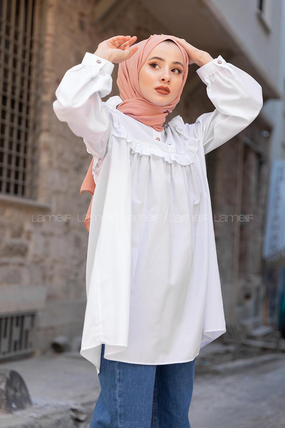 Lamelif Hakim Yaka Önü Pileli  Tunik Beyaz