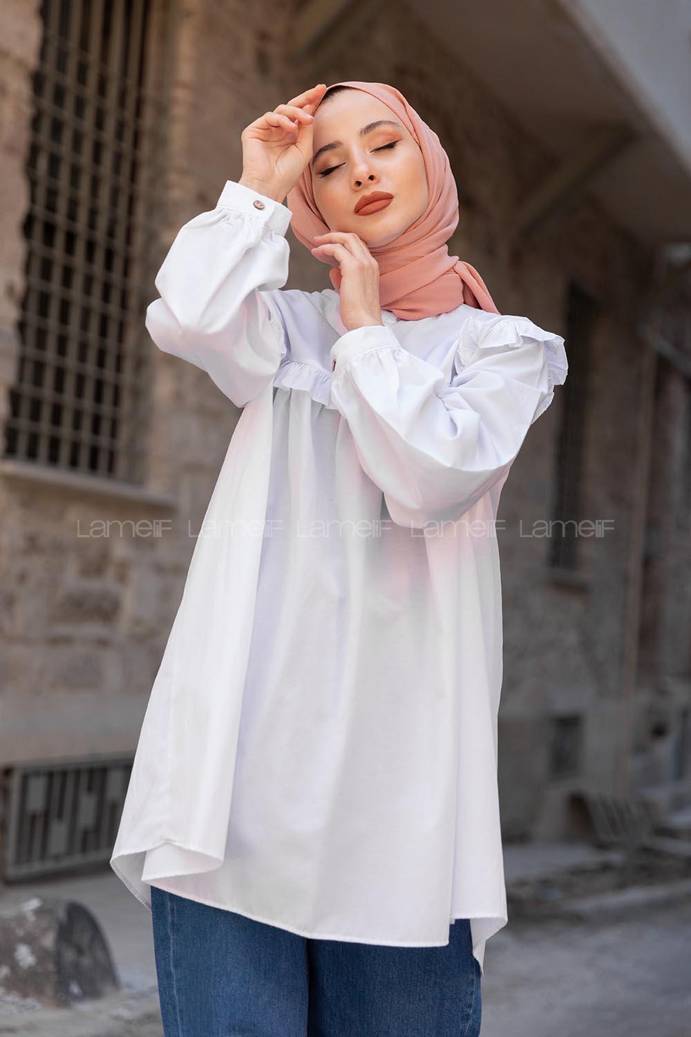 Lamelif Hakim Yaka Önü Pileli  Tunik Beyaz