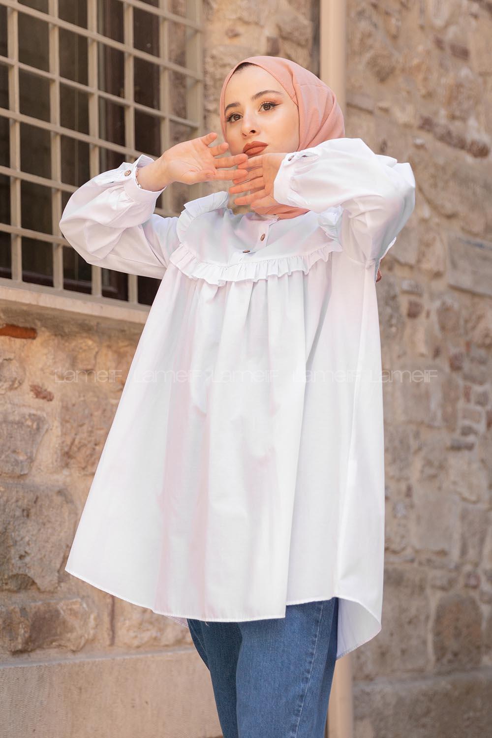 Lamelif Hakim Yaka Önü Pileli  Tunik Beyaz