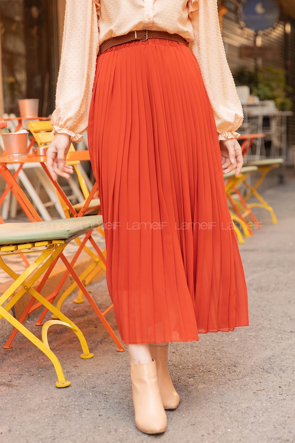 Modalamelif Hasır Kemerli Şifon Etek Kiremit