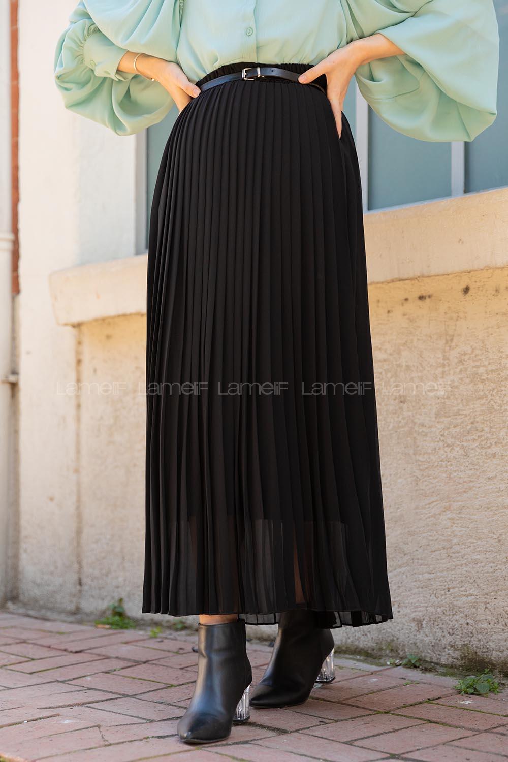 Modalamelif Hasır Kemerli Şifon Etek  Siyah