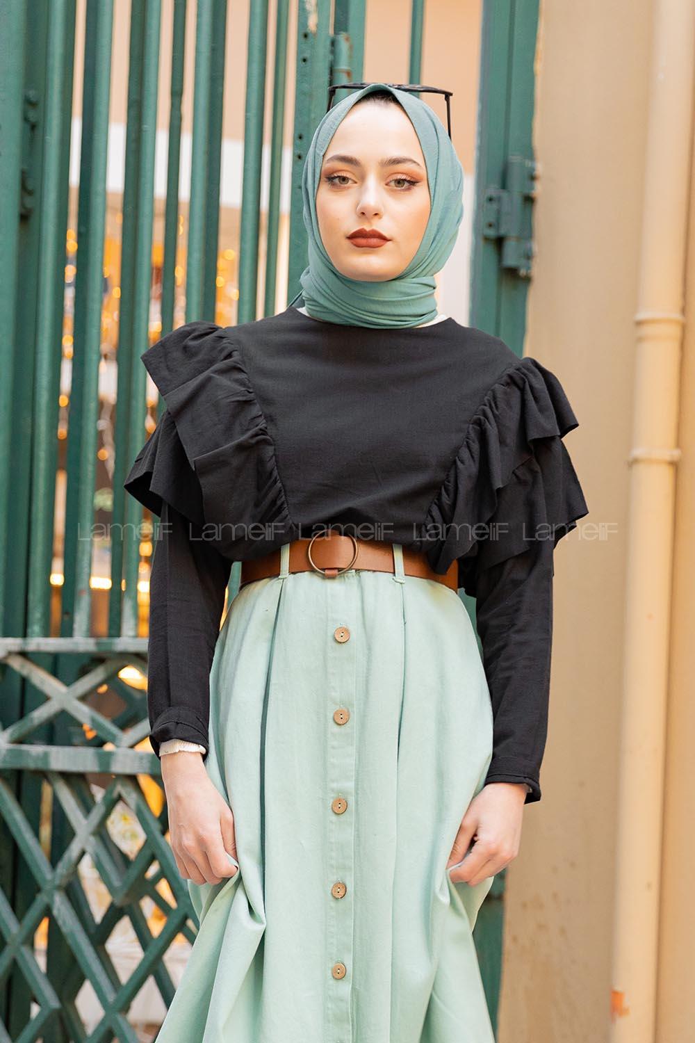 Modalamelif Kol Fırfırlı Tunik Siyah