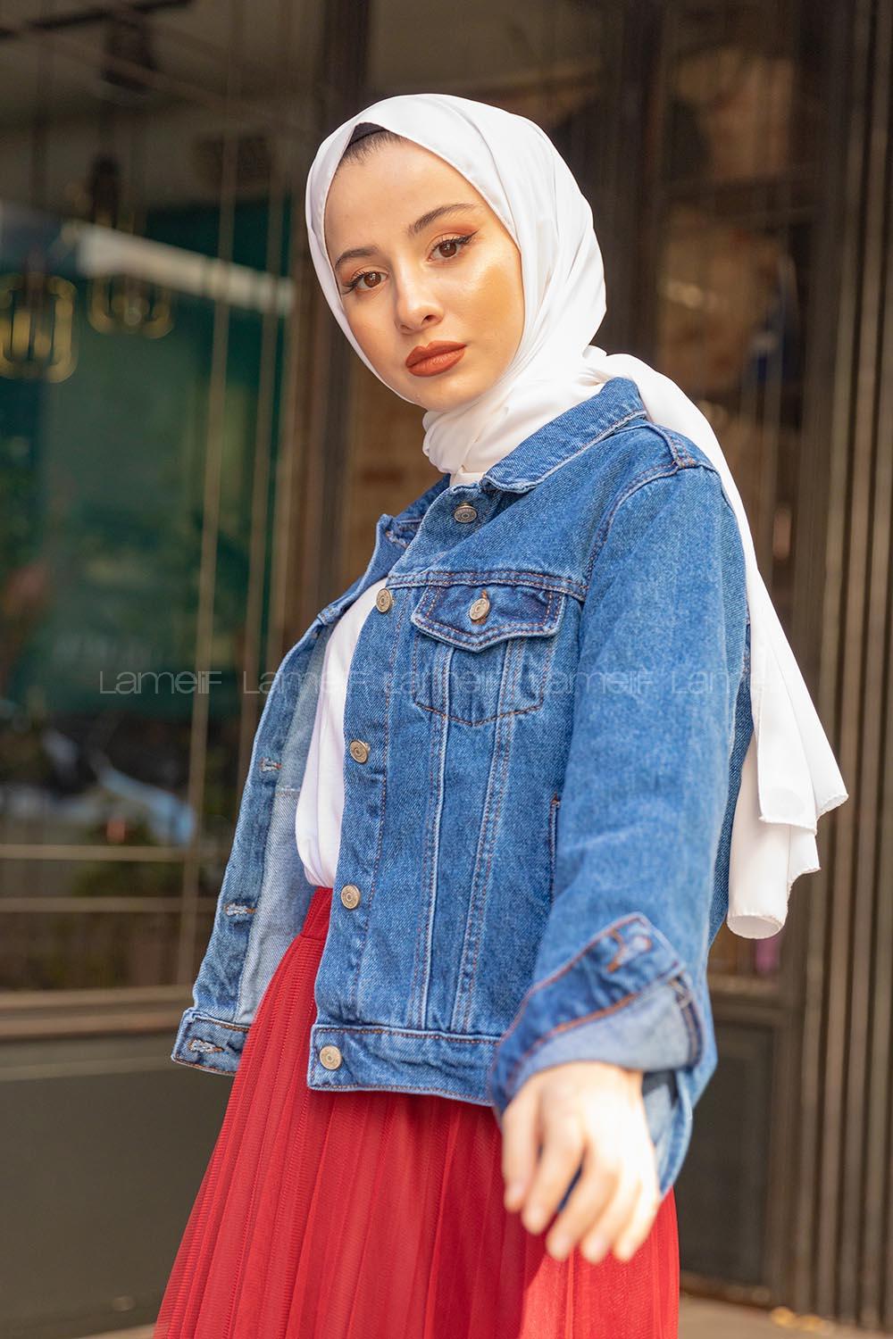 Lamelif  Önü Düğmeli Kısa Kot Ceket Mavi