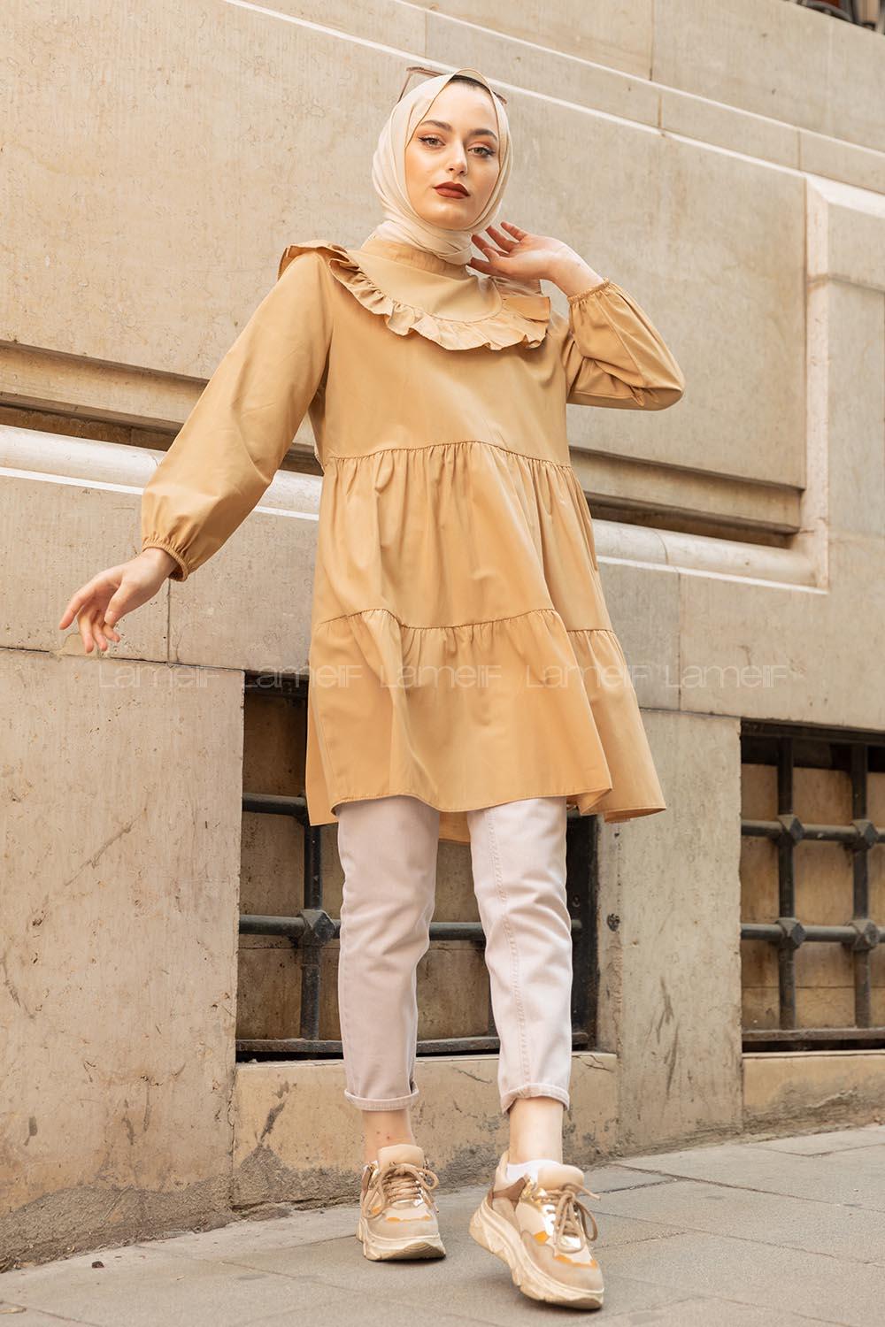 Modalamelif Önü Fırfırlı Tunik Camel