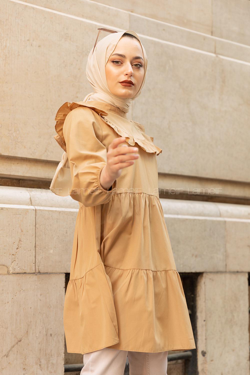 Modalamelif Önü Fırfırlı Tunik Camel